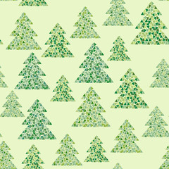 Mosaic seamless pattern of green fir trees. Geometric forest background. Cold northern wood in Scandinavian style. Vector illustration design for Christmas holidays. 