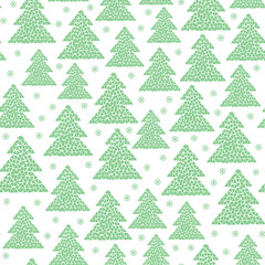 Mosaic seamless pattern of green conifer trees and snowflakes. Geometric forest background. Cold northern wood in Scandinavian style. Vector illustration design for Christmas holidays. 