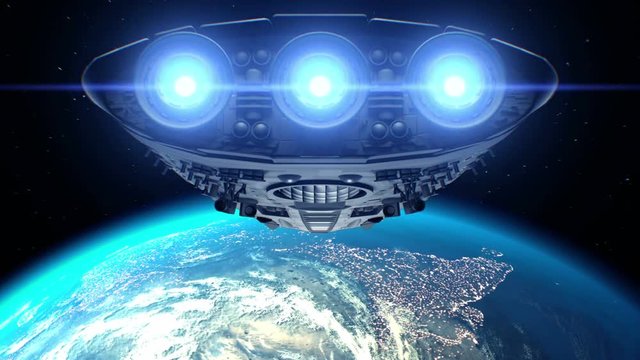 Alien spaceship approaching Earth. Bright engines flashing, 3d animation. Texture of Earth was created in graphic editor without photos and other images. The pattern of city lights furnished by NASA