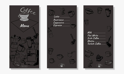 Coffee menu vector illustration. Drink menu for coffee shop. Flayers with cups, mugs and coffee pots.