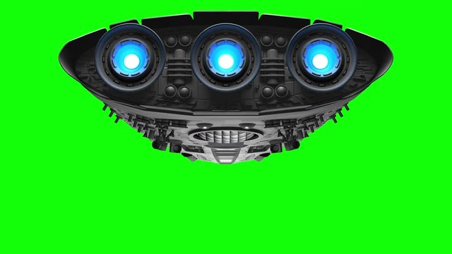 Alien spaceship on green screen. Bright engines flashing, 3d animation.