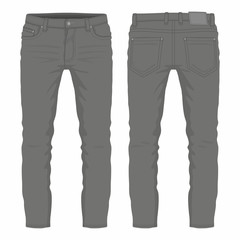 Men's black jeans. Front and back views on white background
