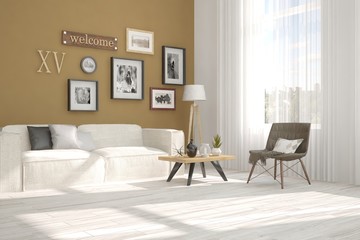 Idea of white minimalist room with sofa. Scandinavian interior design. 3D illustration