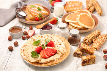 assorted crepe, pancake and waffle