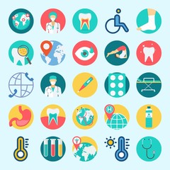 icons set about Medical. with worldwide, tablets, wheelchair, sprain, visibility and water