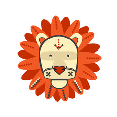 Lion vector illustration. Lion portrait in unique geometric flat style. Ethnic style lion illustration. Isolated lion icon on white background.