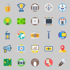 icons set about Digital Marketing. with photo camera, tie, safebox, target, padlock and trophy
