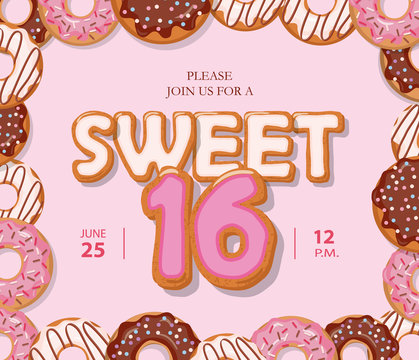 Sweet 16 birthday card. Cute cartoon letters and donut frame. Pastel pink colors.
