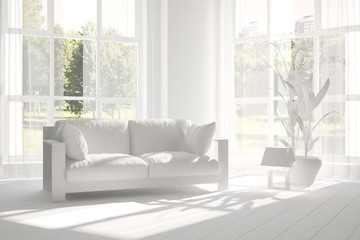 Idea of white room with sofa and summer landscape in window. Scandinavian interior design. 3D illustration
