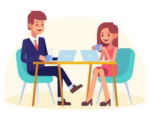 Fototapeta na wymiar Couple sitting in cafe with laptop. Flat style, vector illustration.