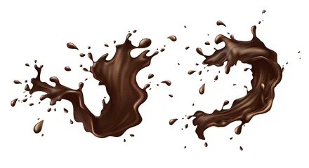 Fotobehang Vector illustration of hot chocolate, cacao or coffee splash with drops, blobs, blots isolated on white background. Appetizing liquid dessert, advertising product, splashing design element for promo © vectorpocket