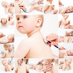Obraz na płótnie Canvas Baby medical exam - doctor checking heart beat and lungs with stethoscope collage