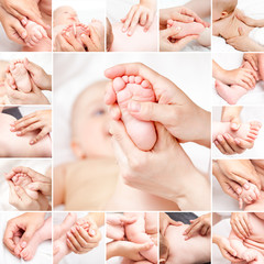 Little baby receiving chiropractic or  osteopathic manual treatment collage