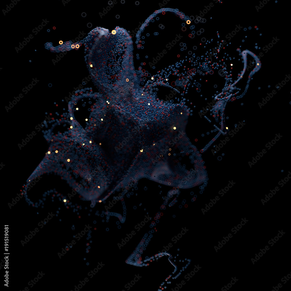 Poster 3d rendered background with a lot of particles. spheres are forming abstract turbulencefd shapes..