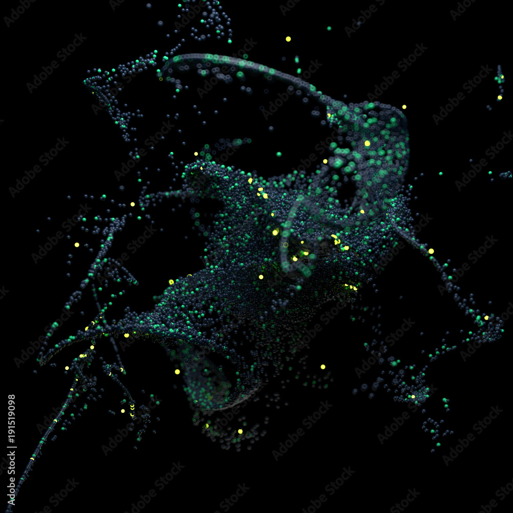 Poster 3d rendered background with a lot of particles. spheres are forming abstract turbulencefd shapes..