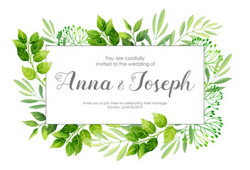Wedding invitation with green leafs border. Vector illustration.