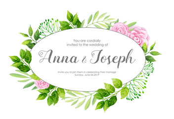 Wedding invitation with camellia flowers. Vector illustration.