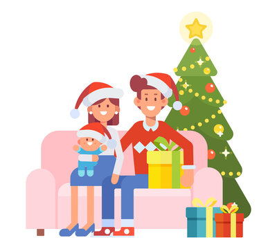 Christmas time. Happy family together. Mom, dad and kid sitting on the couch at home. Cartoon style, Flat Vector illustration isolated on white.