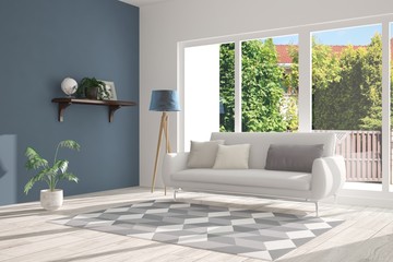 Idea of white room with sofa and summer landscape in window. Scandinavian interior design. 3D illustration