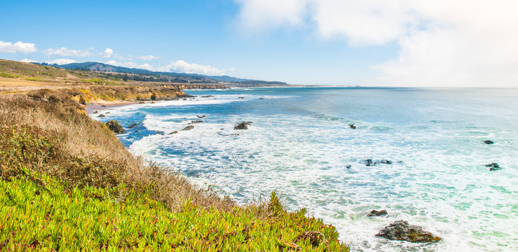 Santa Cruz.  California. Coast of San Francisco in fog. Surf on the beaches of California. Pacific Coast Highway