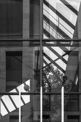 Fototapeta na wymiar Black and white image of the windows of office buildings and reflections.