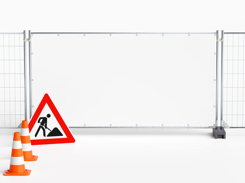 Mobilzaun Bauzaun mit Banner Leitkegeln und Baustellenschild