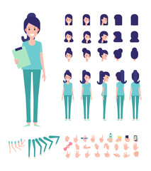 Front, side, back view animated character. Female doctor character creation set with various views, hairstyles, face emotions, poses and gestures. Cartoon style, flat vector illustration.