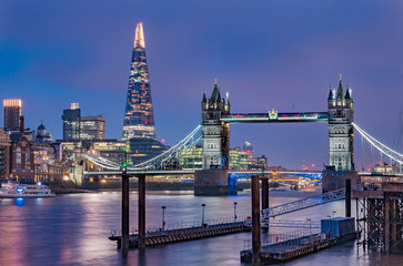 London skyline at night with Tower Bridge and the Shard