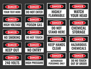 danger signs with warning text, danger label