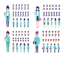 Male and Fermale Doctor character creation set . Cartoon style, flat vector illustration.