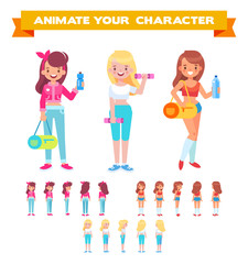 Fototapeta na wymiar Front, side, back view sporty girls characters. Cartoon style, flat vector illustration .