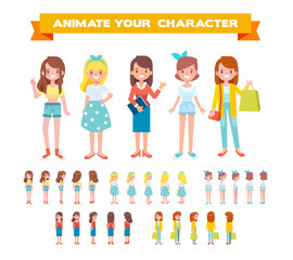 Front, side, back view animated female characters. Cartoon style, flat vector illustration .