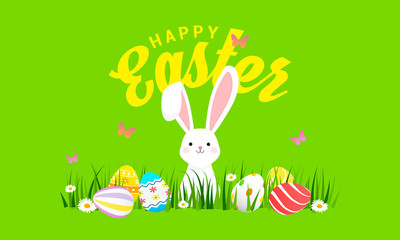 Happy Easter greeting card Vector illustration, Cute Bunny with Colorful Easter eggs in spring field.