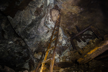 Underground abandoned ore mine shaft tunnel gallery