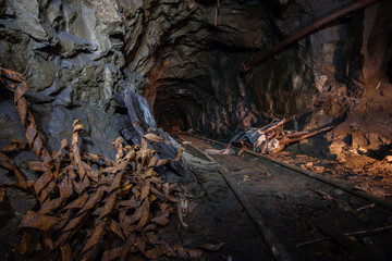 Underground abandoned ore mine shaft tunnel gallery