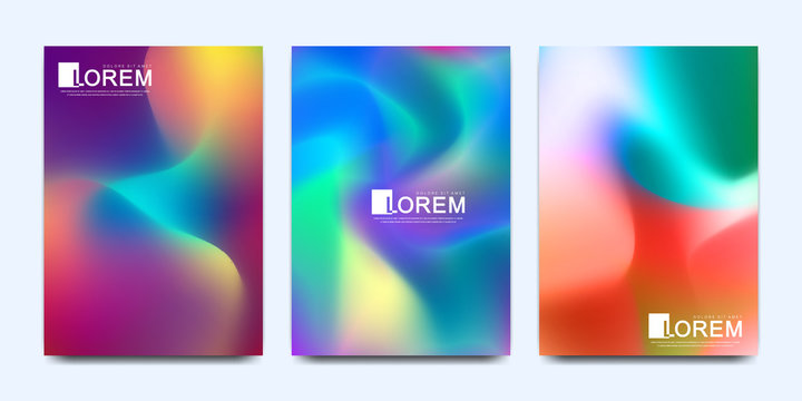 Modern vector template for brochure leaflet flyer cover catalog poster advert in A4 size. Abstract fluid 3d shapes trendy liquid colors backgrounds set. Colored fluid graphic composition illustration.