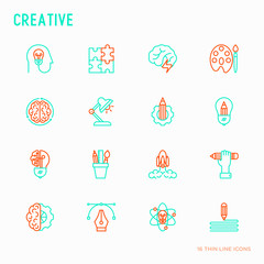 Creative thin line icons set: generation of idea, start up, brief, brainstorming, puzzle, color palette, creative vision, genius, solving problem. Modern vector illustration.