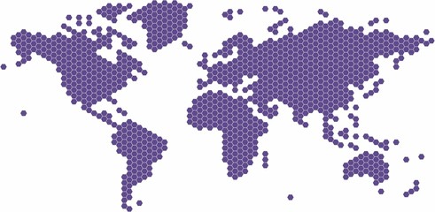 Fototapeta na wymiar Violet hexagon shape world map on white background, vector illustration.