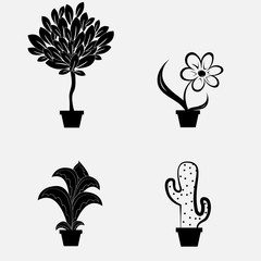 Set of four house flowers in pots: cactus, flower, leaf and tree.,vector