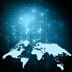 World map on a technological background, glowing lines symbols of the Internet, radio, television, mobile and satellite communications.
