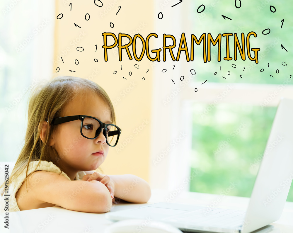 Poster programming text with little girl using her laptop