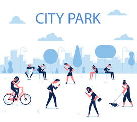 People walking on the urban park using smartphones.City skyline on the background. Vector Elements for infographics. Internet addiction concept of people using mobile gadgets.