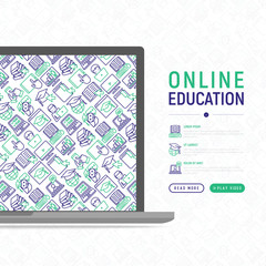 Online education concept with thin line icons: online course, webinar, e-book, video conference, home studying, wise owl, student with laptop. Modern vector illustration for school web page.