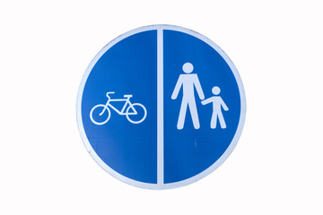 Pedestrian and bicycle shared road sign isolated on white.