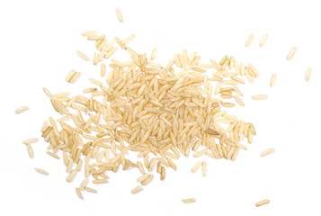 Integral, long grain brown rice pile isolated on white background, top view