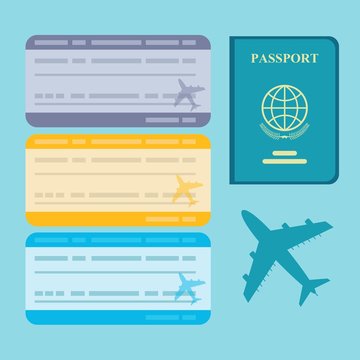 Air travel concept. ticket flight air plane and passport traveler. Stock flat vector illustration.