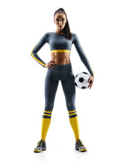 Ready to play. Soccer player woman standing in silhouette isolated on white background. Sport and healthy lifestyle