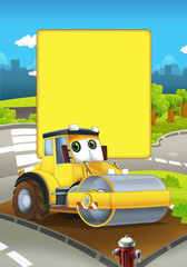 Naklejka premium Cartoon road roller truck in the city - with space for text - illustration for children