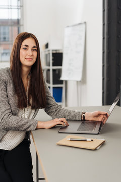 Young woman sitting at desk with laptop