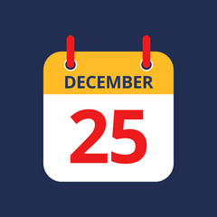 Flat icon calendar 25th of December isolated on blue background. Vector illustration.